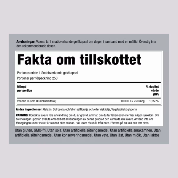 Högpotent vitamin D3 10,000 IU 250 Snabbverkande gelékapslar - Bild 2