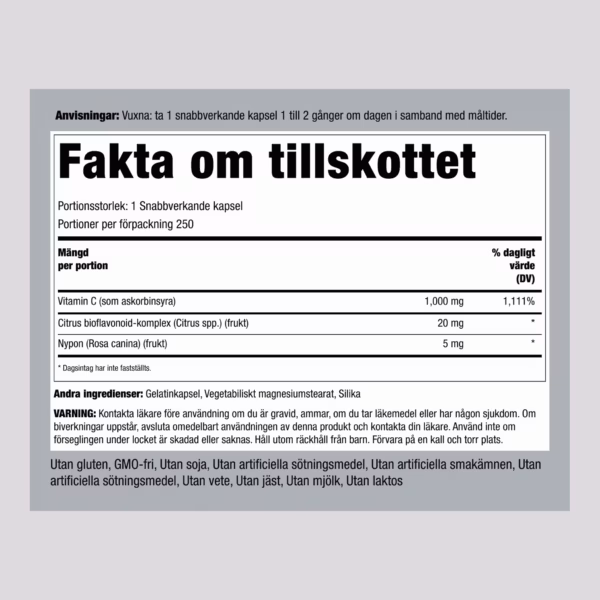 Vitamin C 1000mg med bioflavonoider och nypon 250 Snabbverkande kapslar - Bild 2